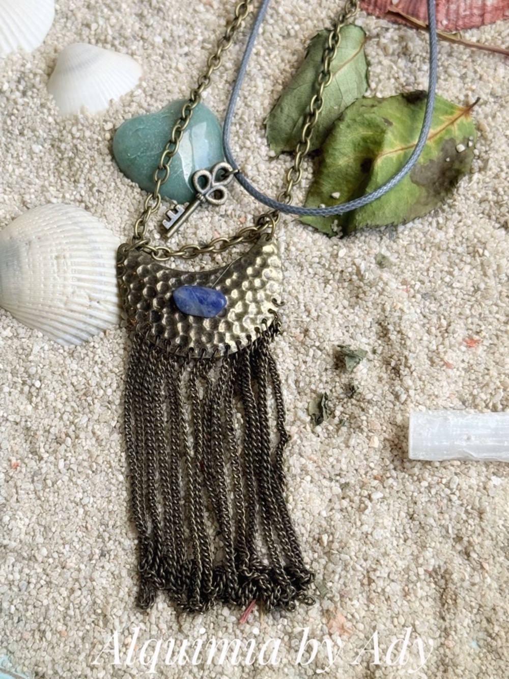 Layered cord ANTIQUE MOON  Necklace LAPIS Stone Dark Chain Fringe MONUMENTAL